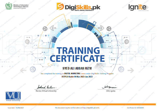 Certified in Digital Marketing from Digiskills.pk