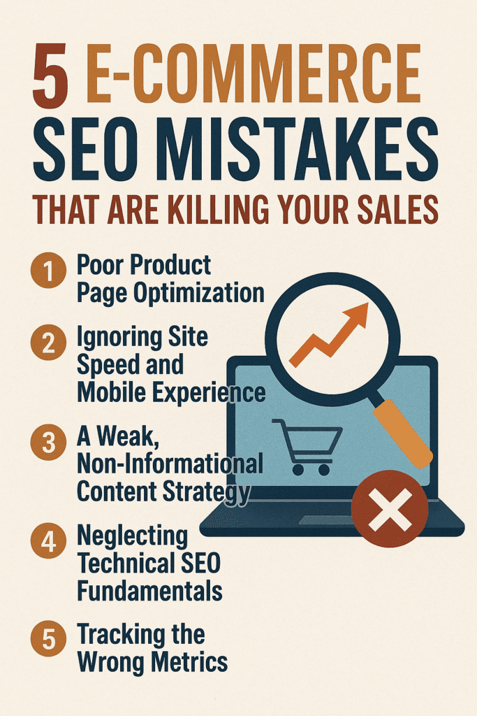 Infographic showing the five most common e-commerce SEO mistakes that hurt online sales, including poor product page optimization, slow site speed, weak content strategy, technical SEO issues, and tracking the wrong metrics.