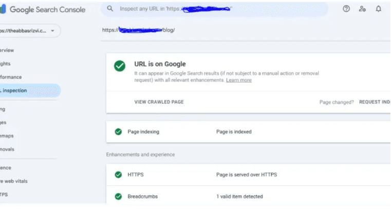 Google Search Console URL Inspection Tool showing 'URL is on Google' and Breadcrumbs Schema is valid.