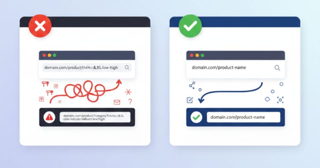 canonical-tags-the-hidden-killer-of-shopify-indexing-authority Comparison of correct self-referencing canonical tag versus an incorrect canonical tag with appended filters.