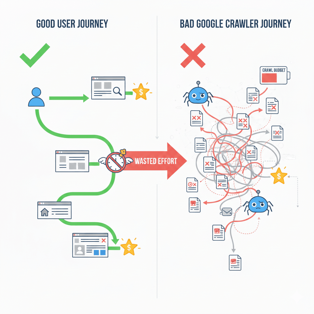 stop-wasting-crawl-budget-technical-seo-fixes-for-e-commerce Flowchart demonstrating how the robots.txt file acts as a gatekeeper to redirect Googlebot to valuable product pages.
