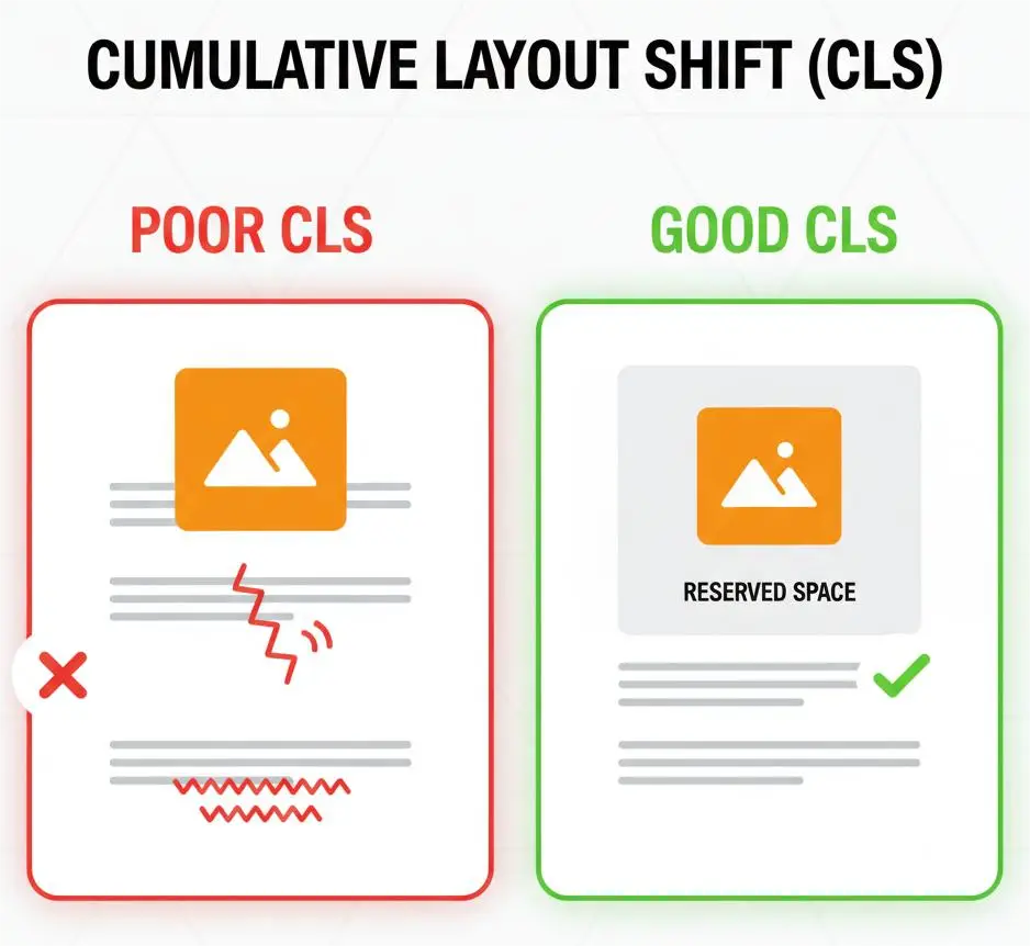 stopping-cls-shifts-lazy-loading-and-image-dimension-mastery.jpg Before and after comparison of Cumulative Layout Shift (CLS) showing content jumping and the fix using reserved image dimensions.