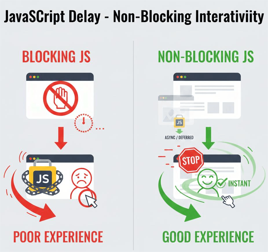 taming-the-javascript-beast-delaying-execution-and-app-management.jpg Conceptual diagram showing the process of delaying JavaScript execution to improve site interactivity and achieve a 90+ mobile speed score.