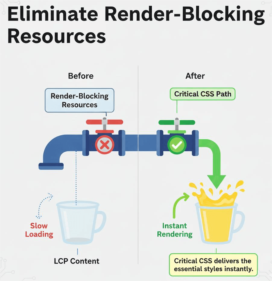 the-lcp-killer-critical-css-and-fixing-render-blocking-resources Conceptual diagram illustrating render-blocking CSS and the Critical CSS strategy required for a 90+ mobile speed score.