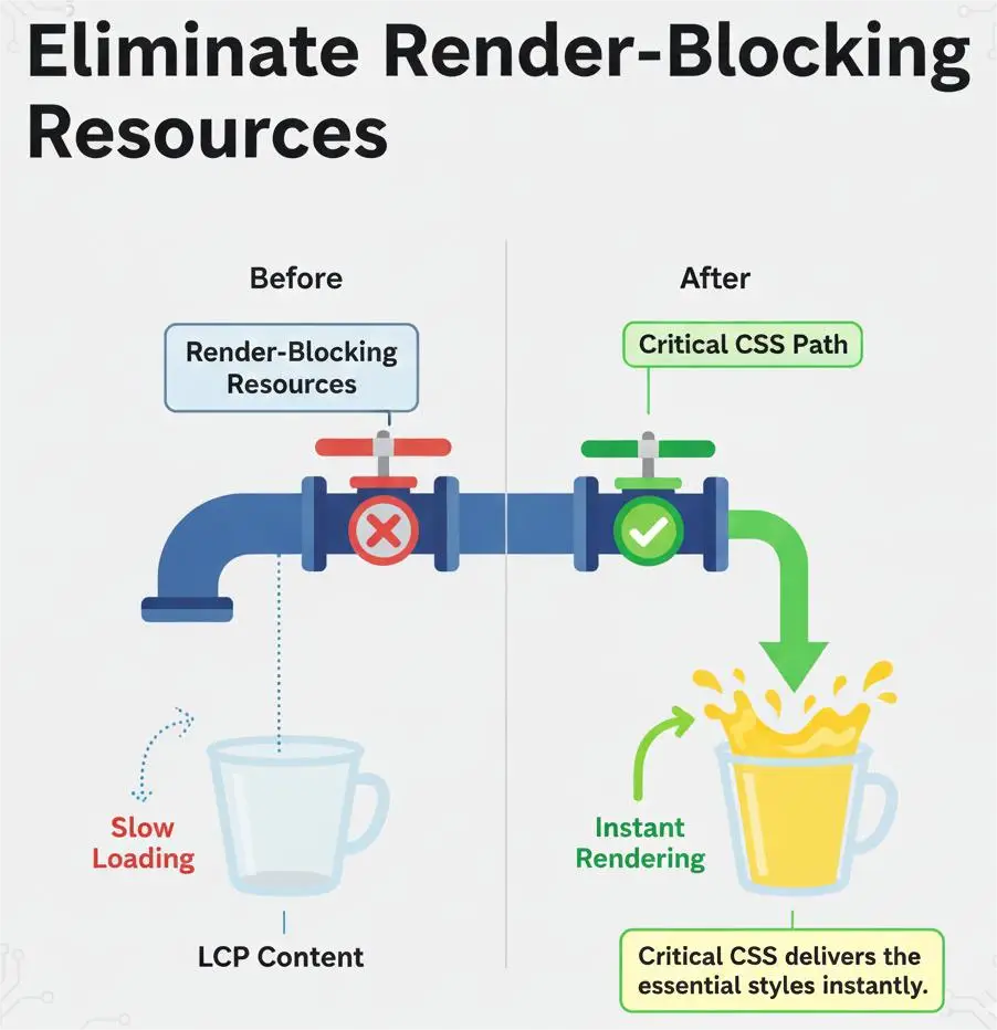 Conceptual diagram illustrating render-blocking CSS and the Critical CSS strategy required for a 90+ mobile speed score.