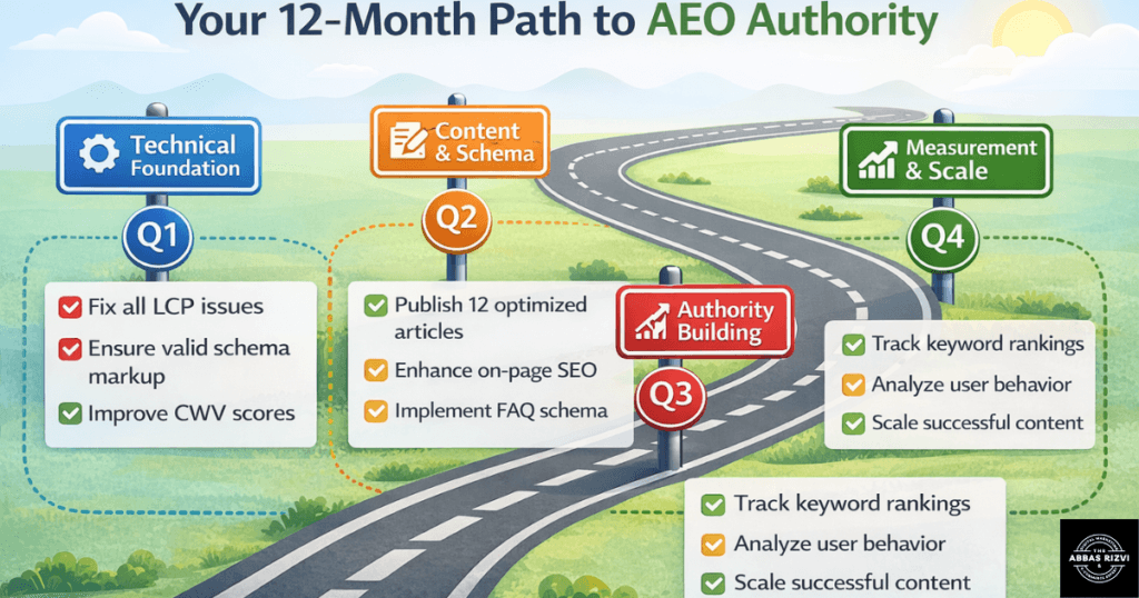 A 12-month strategic timeline graphic broken into four quarters, each with specific AEO optimization goals: Technical Foundation, Content & Schema, Authority Building, and Measurement & Scale.