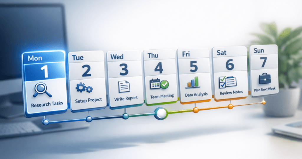 3D calendar showing a week-long SEO implementation plan for restoration companies, with daily tasks from technical audit to Google Business Profile optimization.