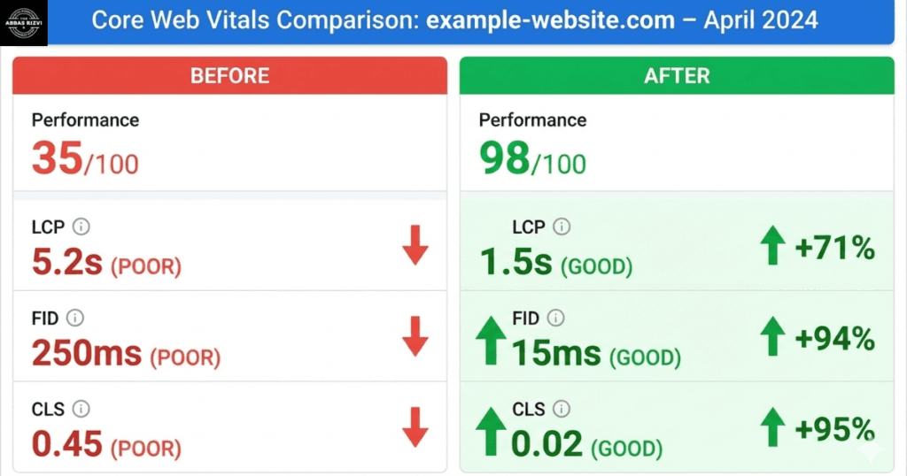 A dashboard screenshot from Google PageSpeed Insights showing improvements in Core Web Vitals scores: LCP, FID, and CLS metrics before and after optimization.