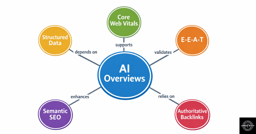 A mind map diagram with "AI Overviews" at the center, connected to related concepts like Structured Data, Core Web Vitals, E-E-A-T, and Semantic SEO.