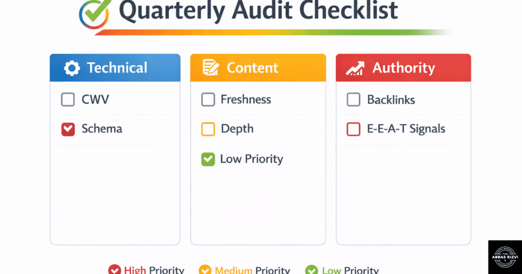 A printable quarterly audit checklist graphic with columns for Technical, Content, and Authority categories, featuring color-coded status indicators.