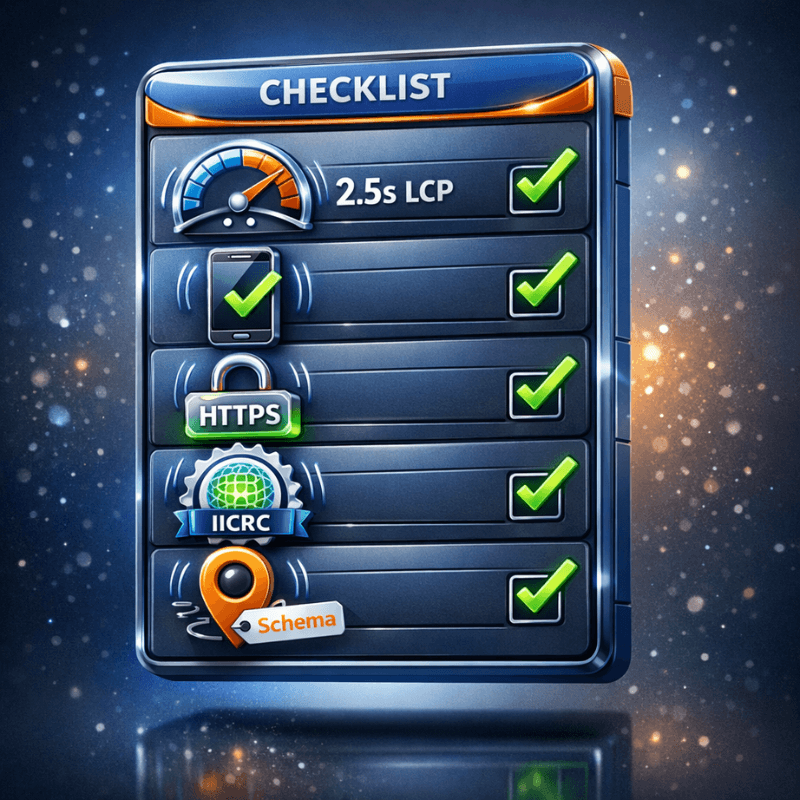 3D checklist board showing five technical SEO requirements for restoration companies: site speed, mobile optimization, HTTPS security, certifications, and local schema.