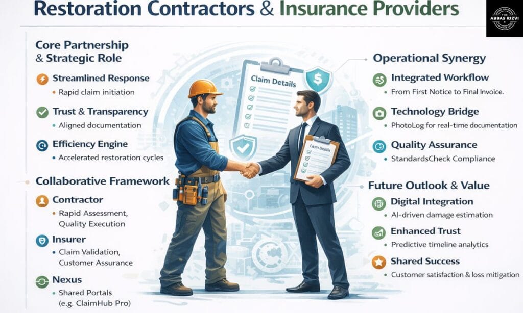 A professional handshake between a restoration specialist and an insurance adjuster over a digital claim documentation tablet.