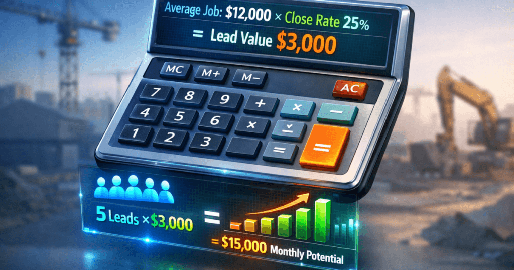 3D calculator showing lead value formula for restoration companies: average job value multiplied by close rate equals per-lead worth, with monthly revenue projection.