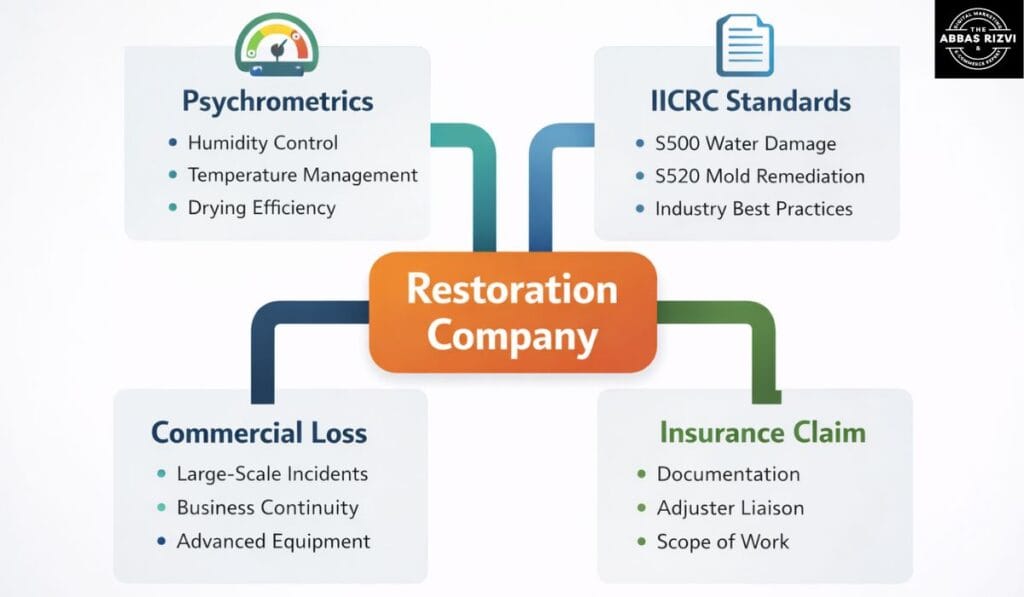 A digital infographic mapping the connections between restoration services, IICRC standards, and insurance claim entities.