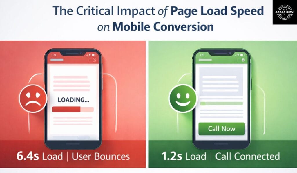 A split-screen comparison showing a slow 6.4s loading site causing a bounce versus a fast 1.2s site leading to a "Call Now" conversion.
