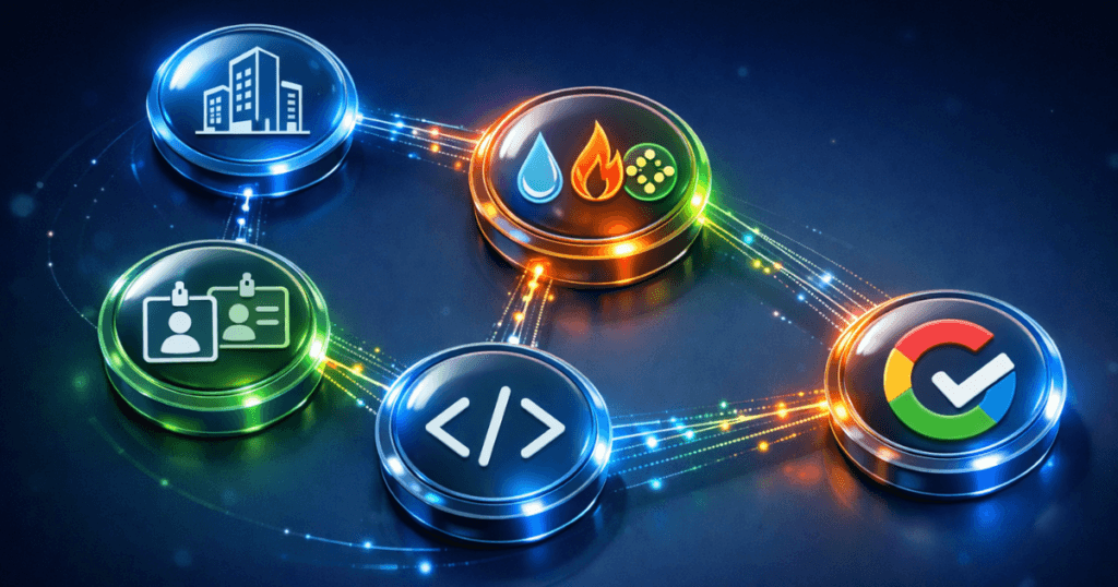 3D flowchart showing the schema markup implementation process: identify business entities, define services, list certified staff, generate code, validate with Google.