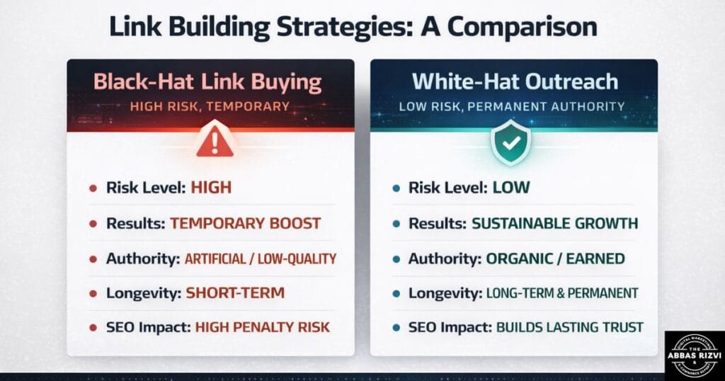 Comparison table showing the risks of black-hat link building versus the long-term authority of white-hat outreach.