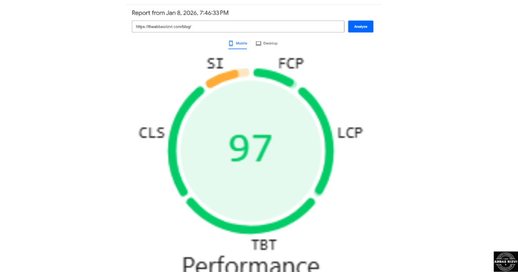 Google PageSpeed Insights mobile score of 97 for TheAbbasRizvi.com showing elite performance.