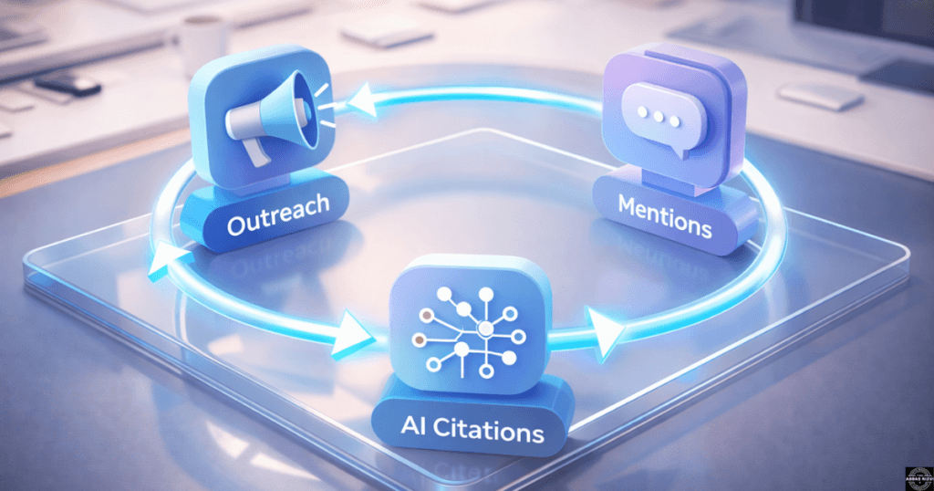 Diagram showing the connection between white hat outreach mentions and generative AI search citations