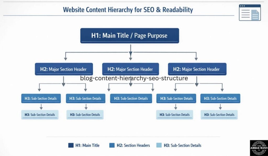 Generative Engine Optimization 2026: Diagram showing a website hierarchy from H1 to H3 tags for better readability and indexing.