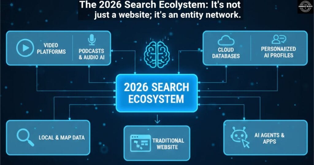 Diagram showing the connection between website entities and digital footprints in 2026 SEO.