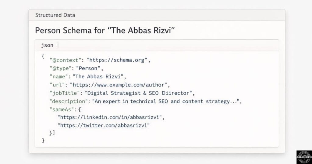 A clean code snippet showing Person and Organization Schema for The Abbas Rizvi.