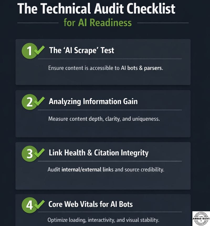 Generative Engine Optimization 2026 A checklist for SEO audits including AI scrape tests, information gain checks, and link health.