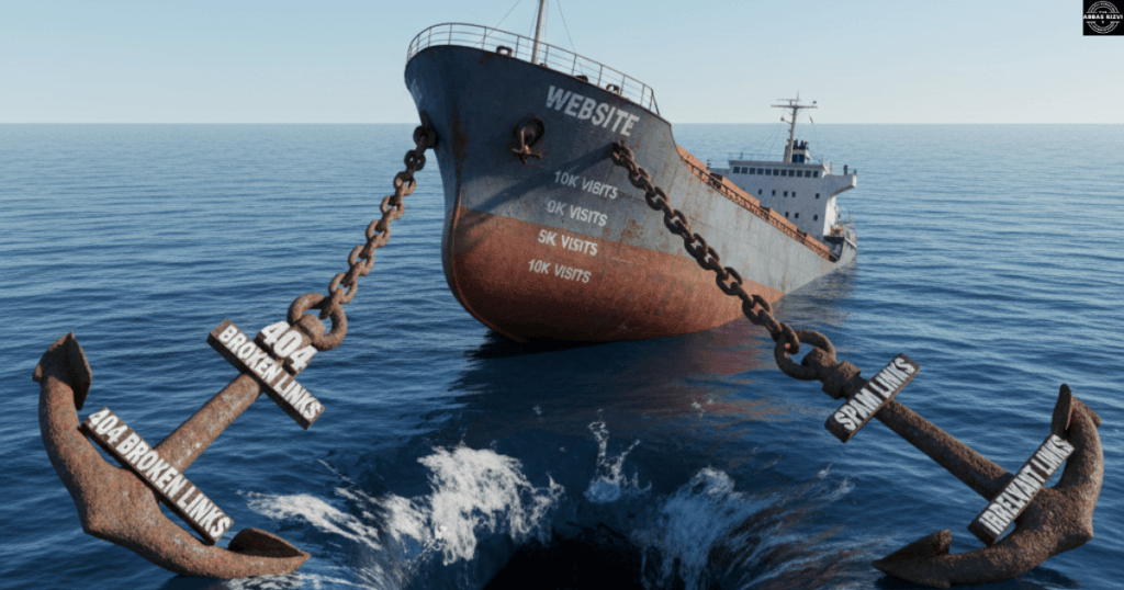3D illustration of a sinking cargo ship labeled Website being dragged down by anchors of 404 broken links, spam links, and irrelevant links into a whirlpool.