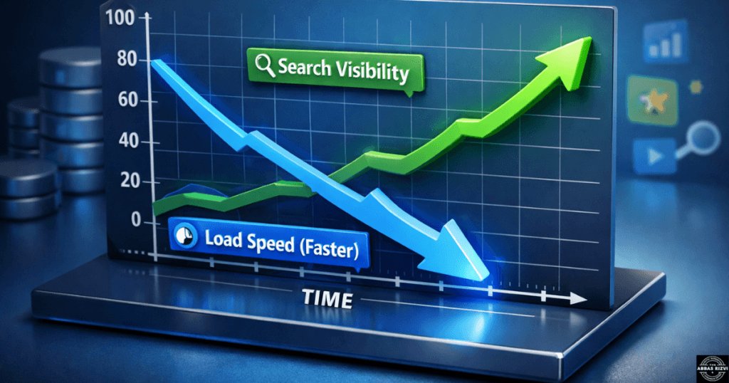 Correlation graph showing how faster load times lead to higher visibility in Generative Engine search.