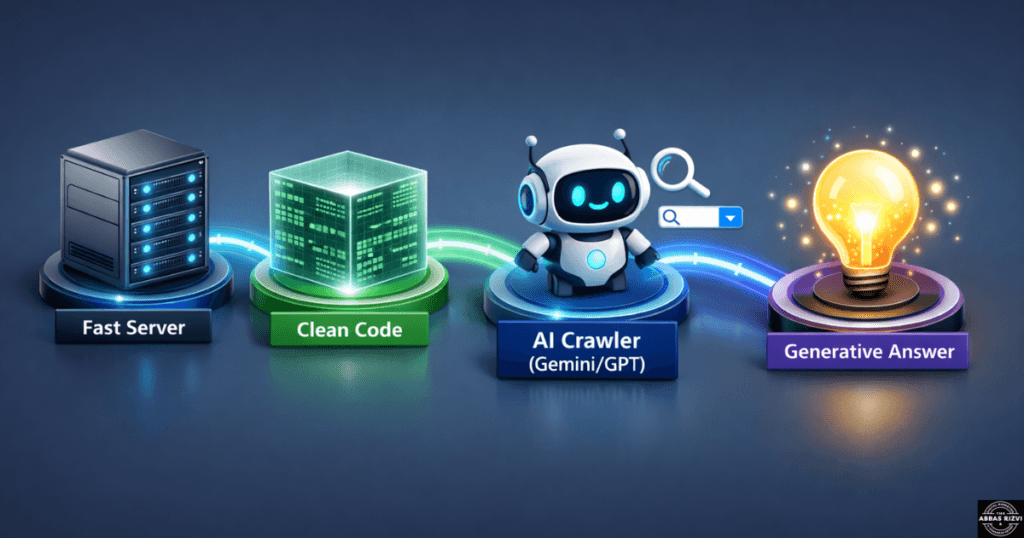 Diagram showing how technical SEO infrastructure feeds into Generative Engine Optimization answers.